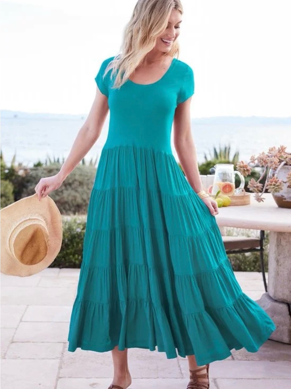 Soft Surroundings Teal Tiered Maxi Dress Large Boho Coastal Vacation Flowy Y67